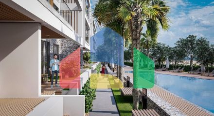 3-комнатные апартаменты 92 м2 +70 м2 терраса в комплексе в 5 минутах от пляжа