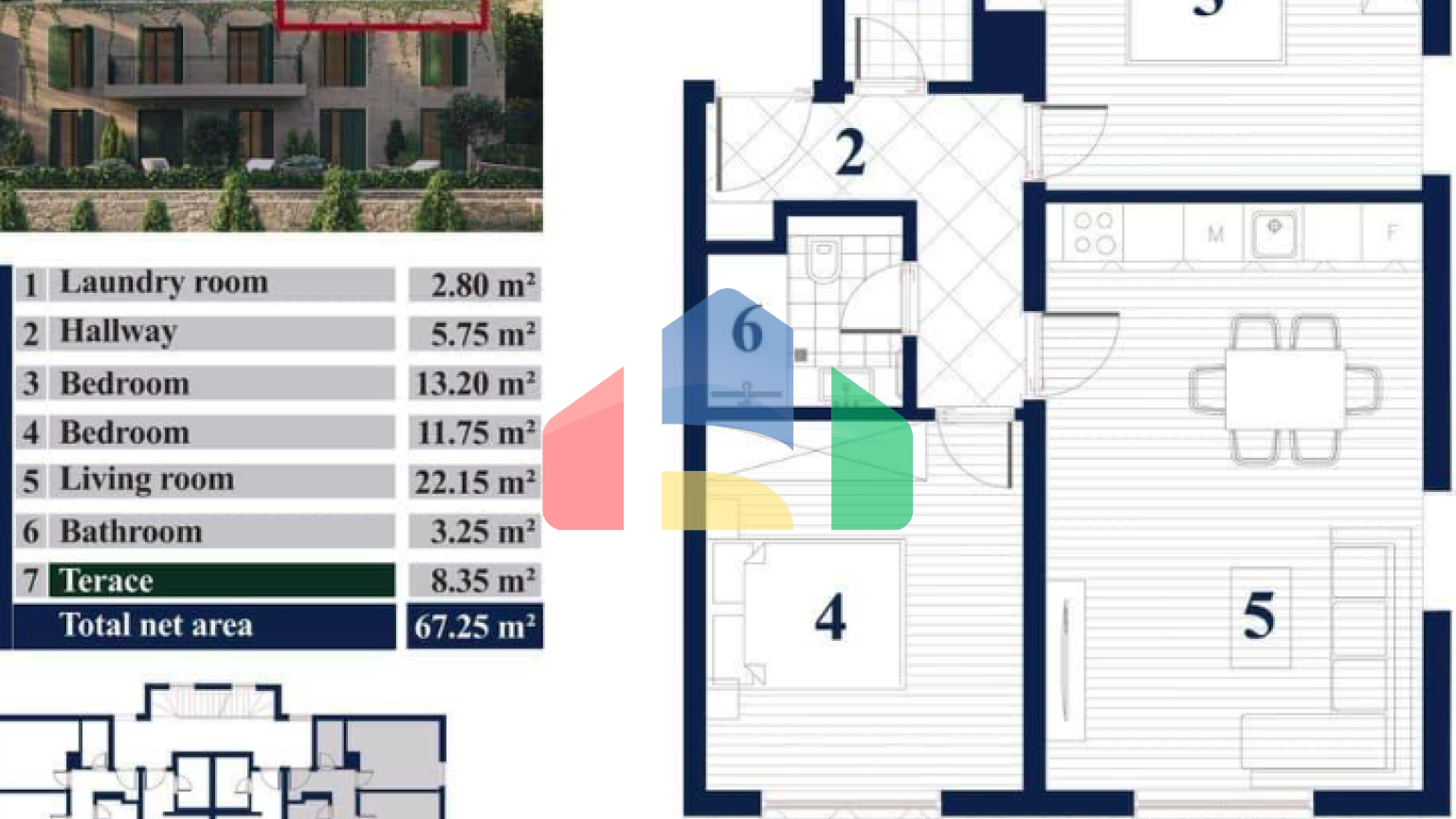 Двухкомнатная квартира с террасой в 90 метрах от моря в Прчане, Которский залив