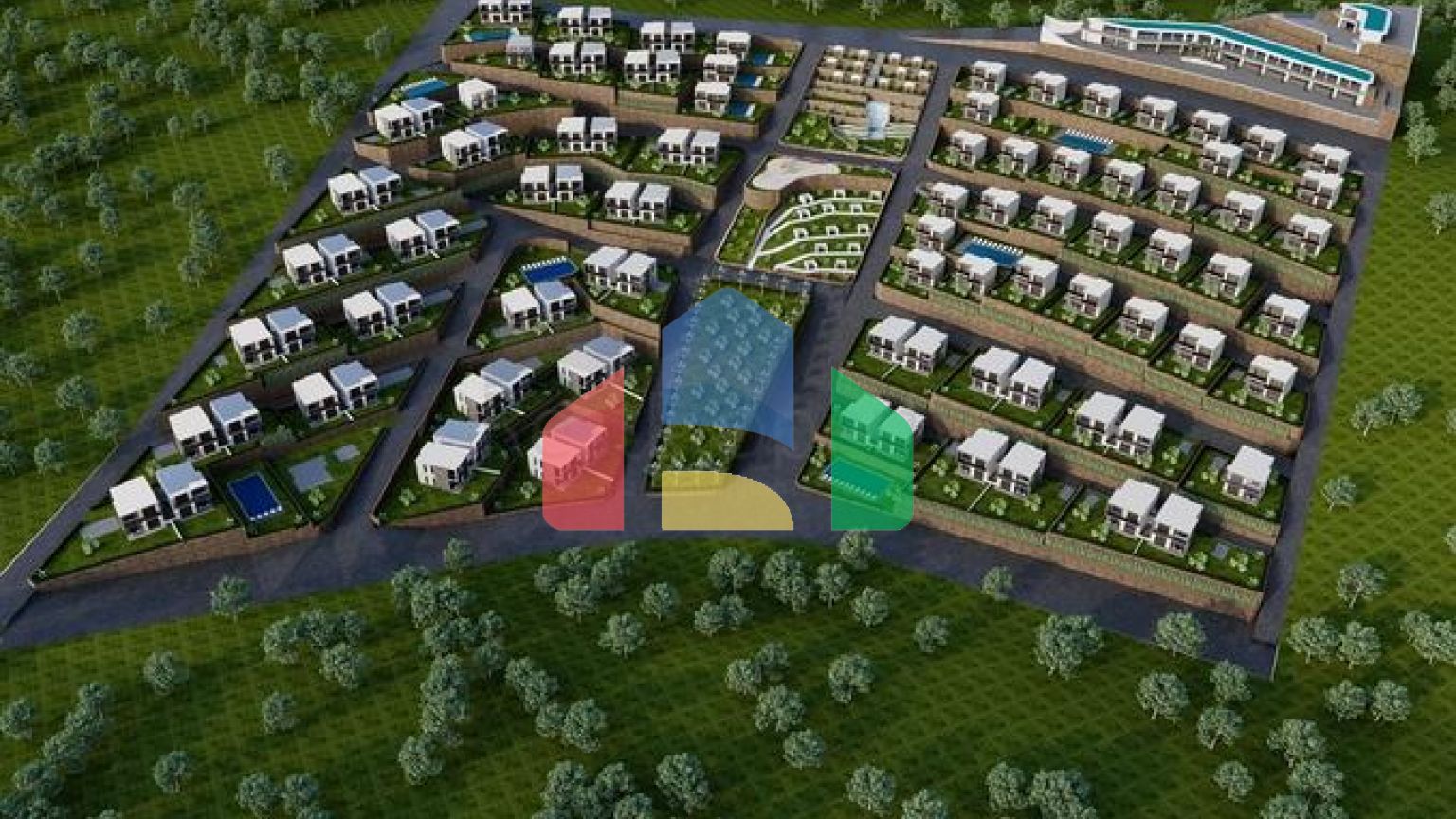 Ідеальний комплекс апартаментів, оточений пишною зеленню.