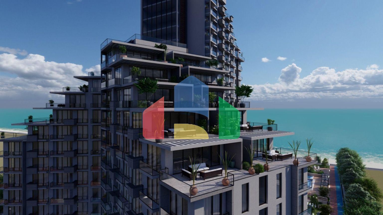 Квартира 2+1 (132м2) с балконом 7м2 и террасой 38м2 в комплексе рядом с морем