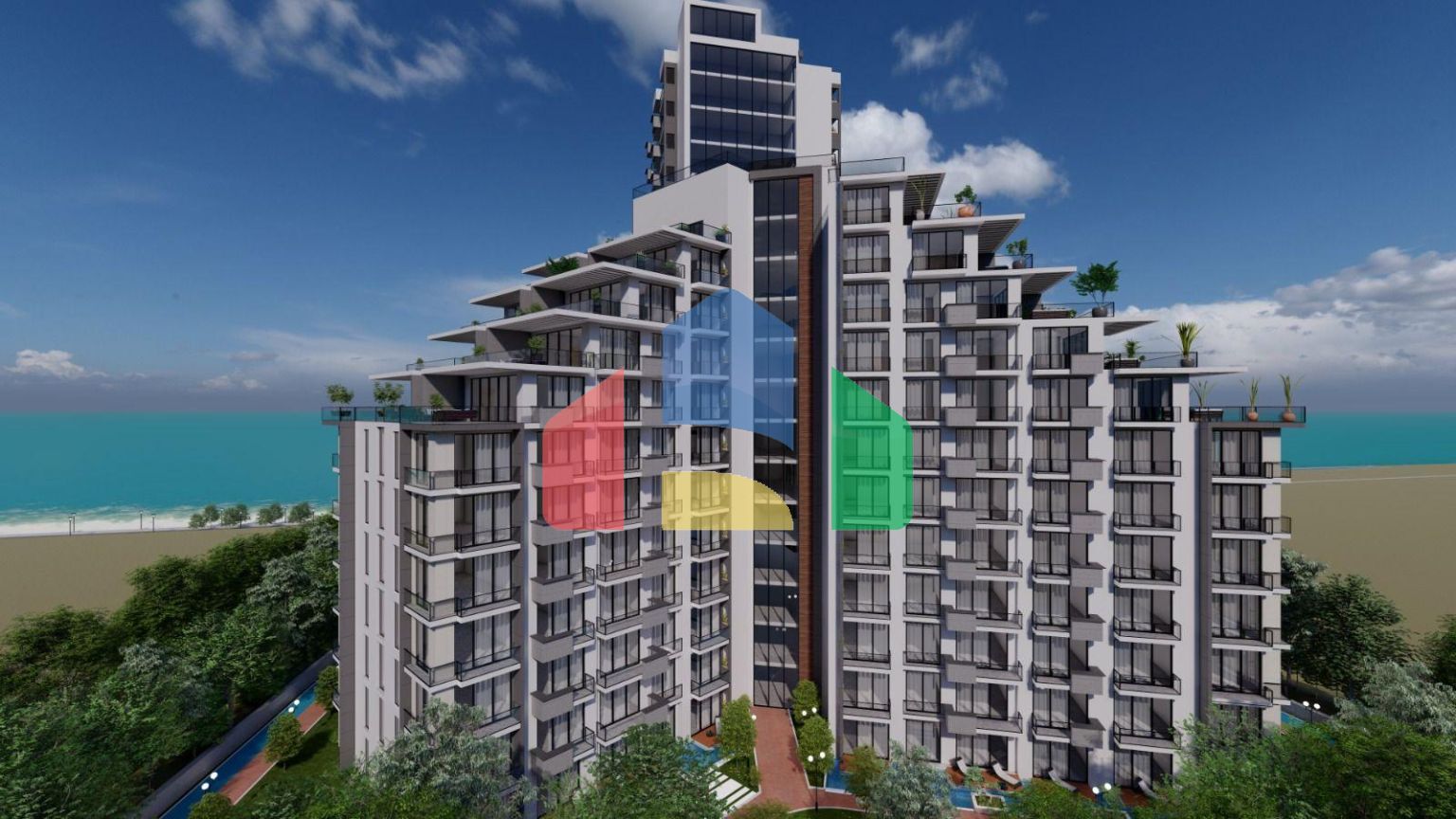 Квартира 2+1 (132м2) с балконом 7м2 и террасой 38м2 в комплексе рядом с морем