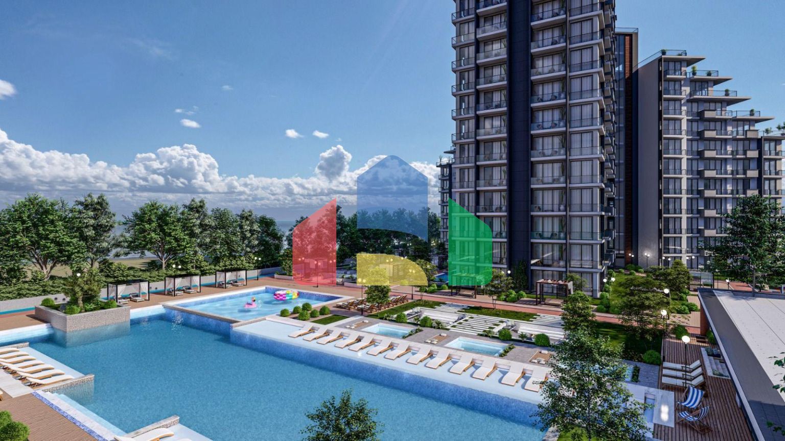 Квартира 2+1 (132м2) с балконом 7м2 и террасой 38м2 в комплексе рядом с морем