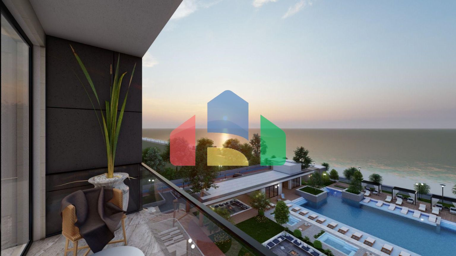 Квартира 2+1 (132м2) с балконом 7м2 и террасой 38м2 в комплексе рядом с морем