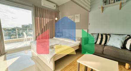 Studio of 46 m2 + 8 m2 balcony in a spa complex, 600 meters from a sandy beach