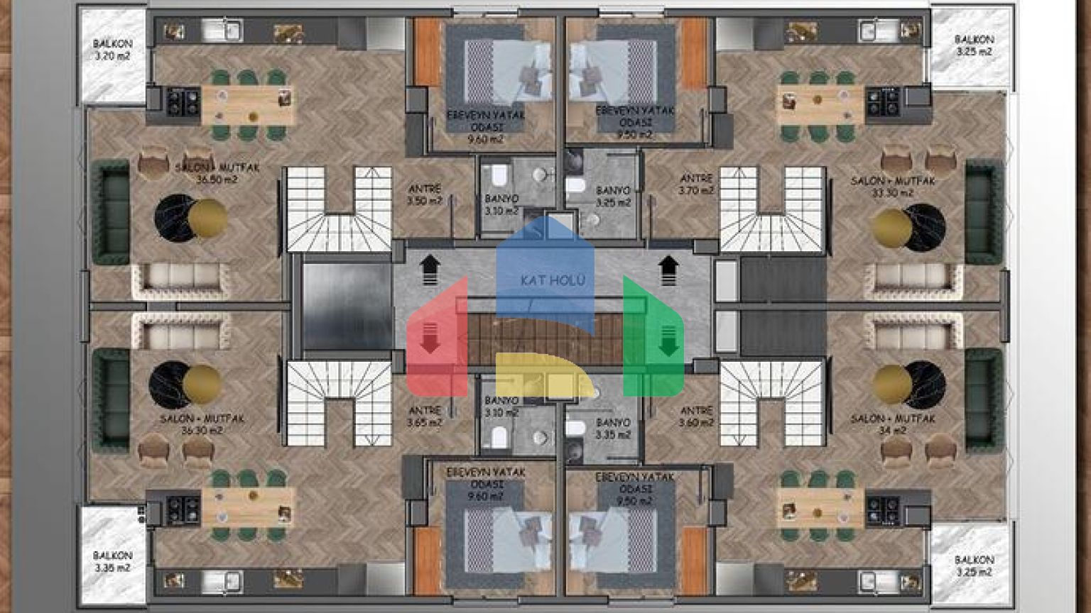 Квартиры планировки 2+1 и 3+1 в микрорайоне Ешильбахче - Анталья