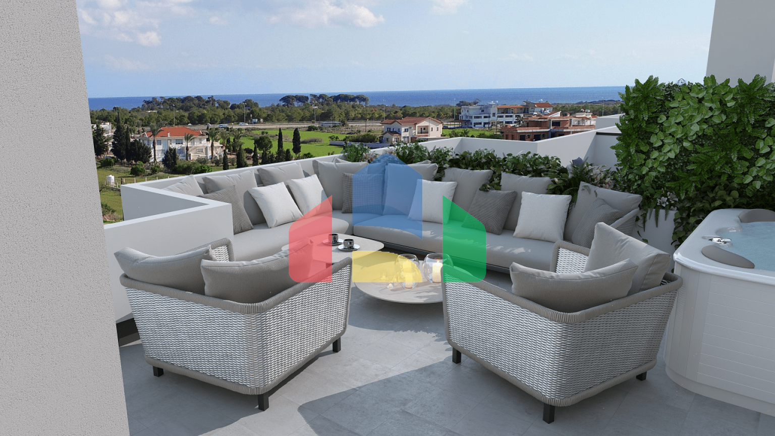 3-комнатные апартаменты 150 м2 с большой террасой 45 м2 в 5 минутах от пляжа