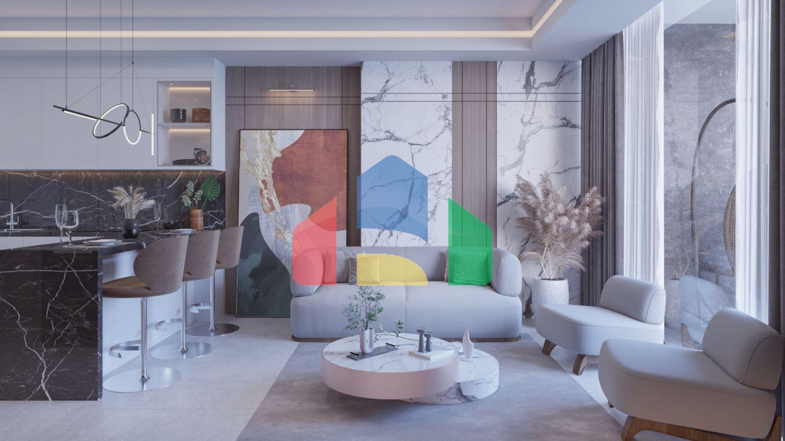 2-комнатные апартаменты 63 м2 с террасой 12 м2 в большом и красивом комплексе в Искеле