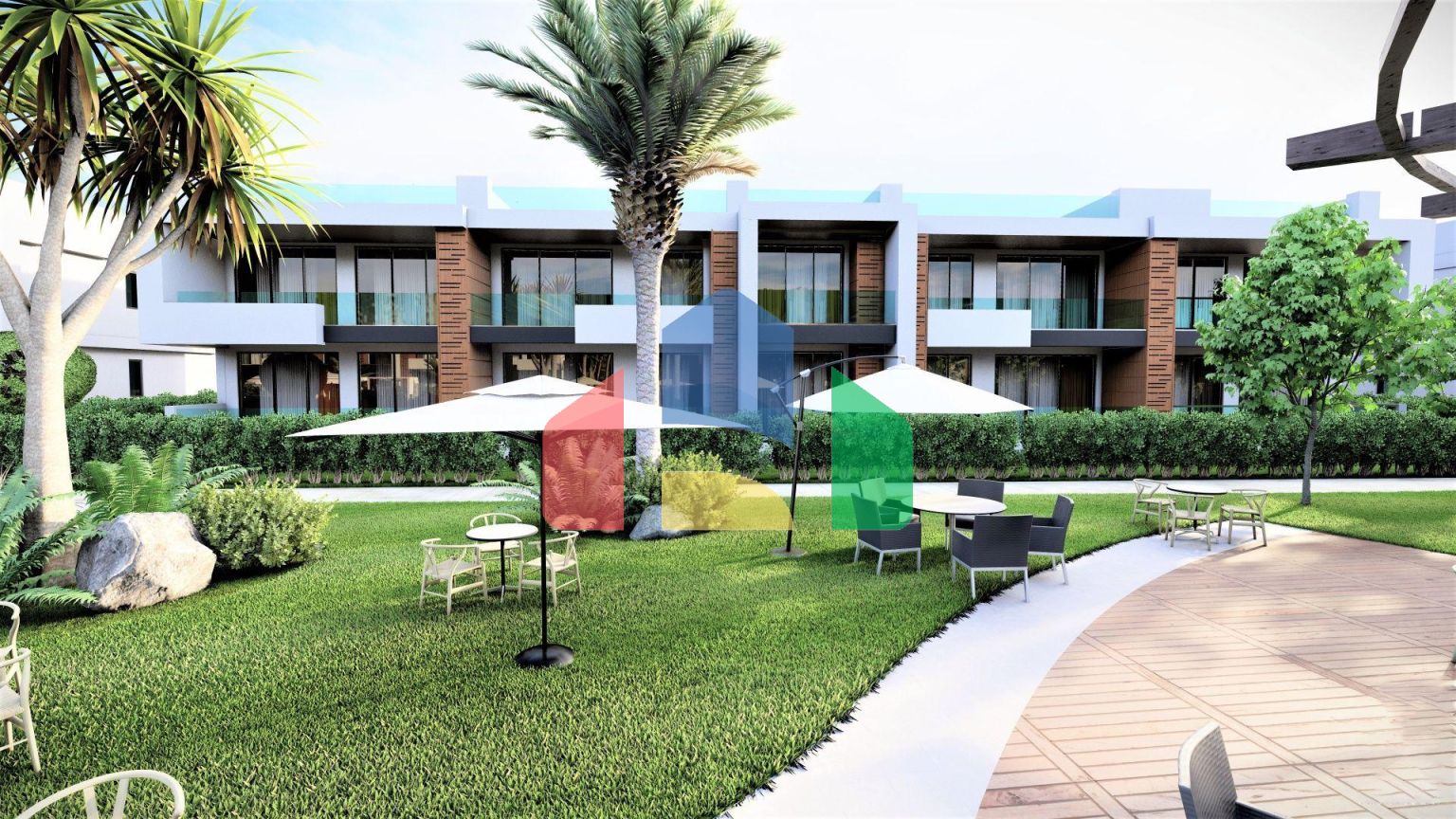 Студия 44 м2 с балконом и террасой в красивом комплексе в Енибогазичи