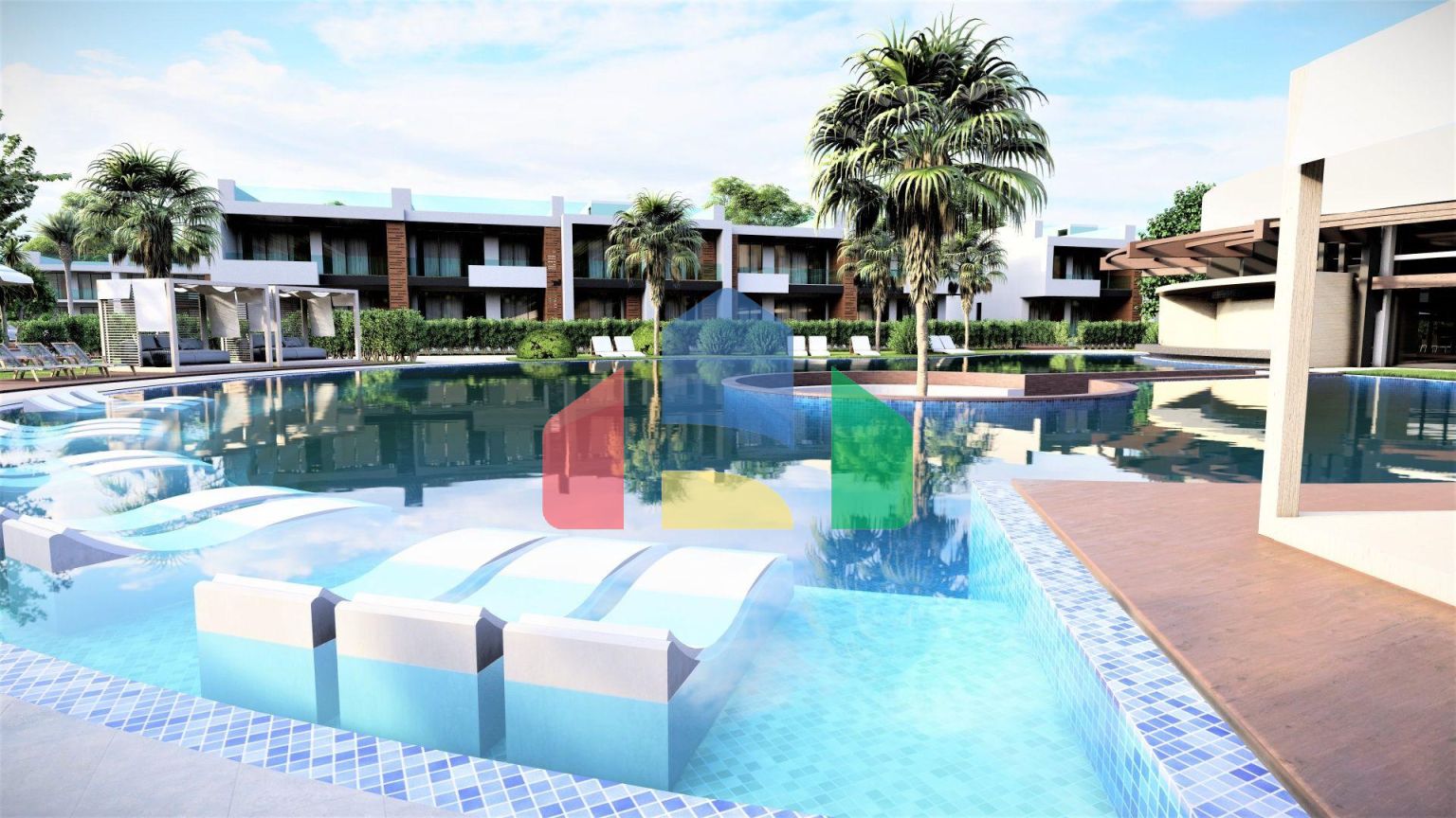 Студия 44 м2 с балконом и террасой в красивом комплексе в Енибогазичи