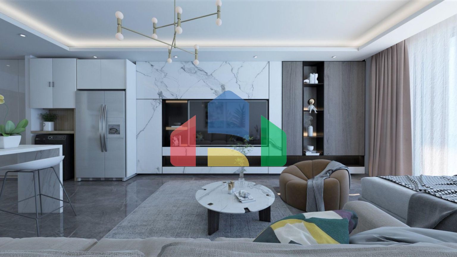 Студия 44 м2 с балконом и террасой в красивом комплексе в Енибогазичи